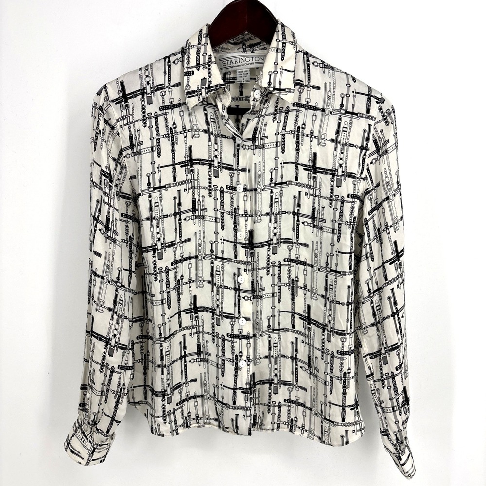 WhIte Silk Blouse‎ w Black Equestrian Bridal Belt Graphic sz 6 Old Money Classy